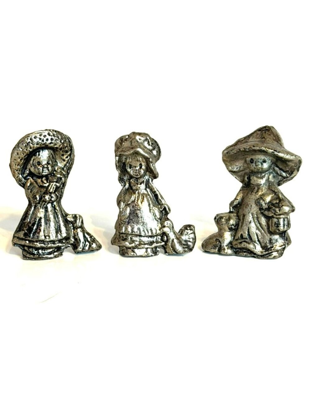 Vintage Pewter Sunbonnet Girls Miniature Figurines Set of 3 Cottagecore Folk Art